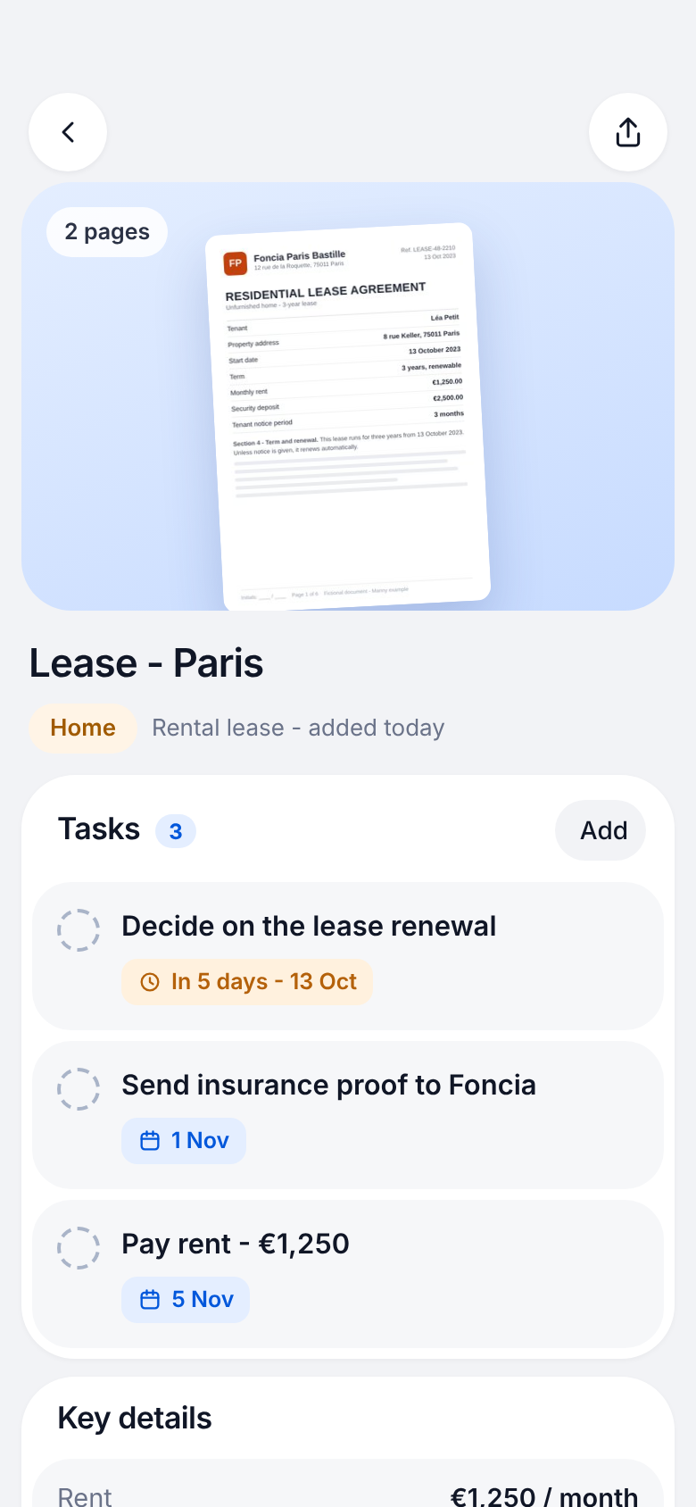 Manny lease file screen with extracted tasks and key dates