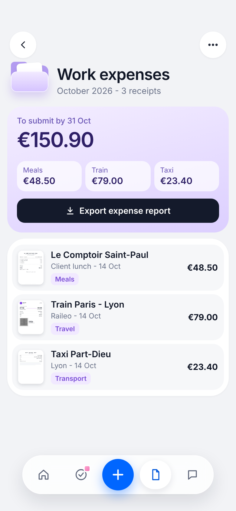 Work expenses screen in Manny